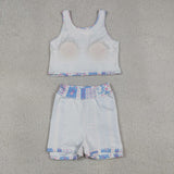 Pink Blue Floral Stripe Athletic Shorts Girls Skirt Sets