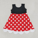 Cartoon Scalloped Polka Dots Red Black Girls Sleeveless Dress