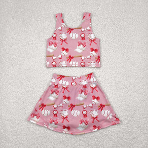 Baseball Red Bow Pattern Pink Vest Athletic Shorts Girls Skirt Sets