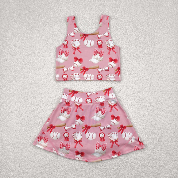 Baseball Red Bow Pattern Pink Vest Athletic Shorts Girls Skirt Sets