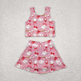 Baseball Red Bow Pattern Pink Vest Athletic Shorts Girls Skirt Sets