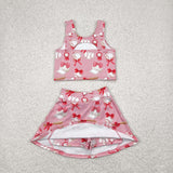 Baseball Red Bow Pattern Pink Vest Athletic Shorts Girls Skirt Sets