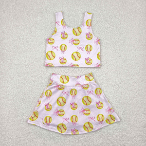 Softball Pink Bow Pattern Vest Athletic Shorts Girls Skirt Sets