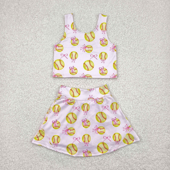 Softball Pink Bow Pattern Vest Athletic Shorts Girls Skirt Sets
