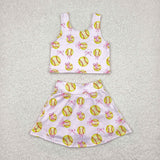 Softball Pink Bow Pattern Vest Athletic Shorts Girls Skirt Sets