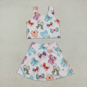 Cartoon Bow Pattern Pink Athletic Shorts Girls Skirt Sets