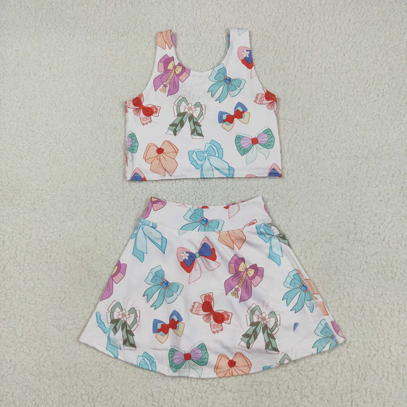 Cartoon Bow Pattern Pink Athletic Shorts Girls Skirt Sets
