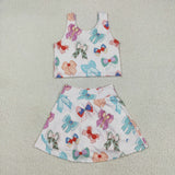 Cartoon Bow Pattern Pink Athletic Shorts Girls Skirt Sets