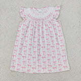 Daddy's Girl Pink Bow Pattern White Girls Flutter Sleeve Dress
