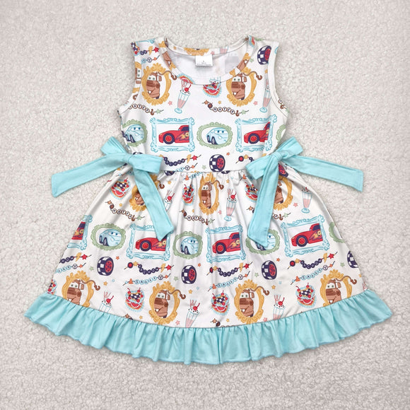 Cartoon Car Blue Bows Ruffles Girls Sleeveless Dress
