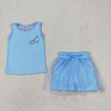 Cartoon High-heeled Shoes Blue Gauze Shorts Girls Skirt Sets