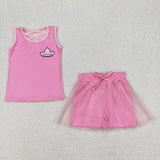 Cartoon Crown Pink Gauze Shorts Girls Skirt Sets