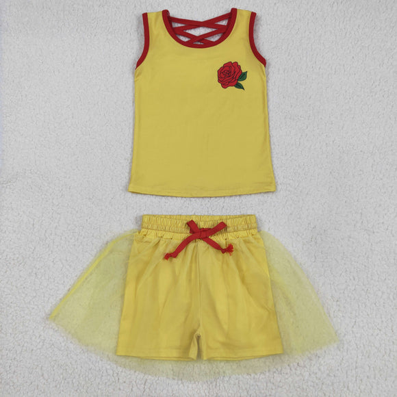 Floral Yellow Gauze Shorts Girls Skirt Sets