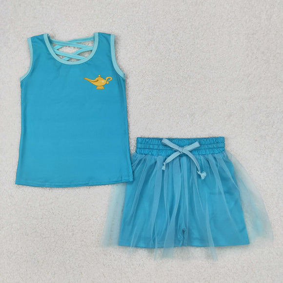 Cartoon Magic Lamp Blue Gauze Shorts Girls Skirt Sets