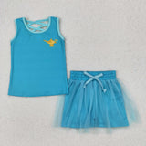 Cartoon Magic Lamp Blue Gauze Shorts Girls Skirt Sets