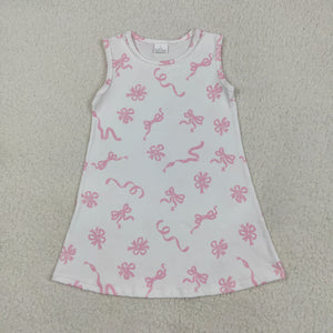 Pink Bow Pattern White Girls Sleeveless Dress