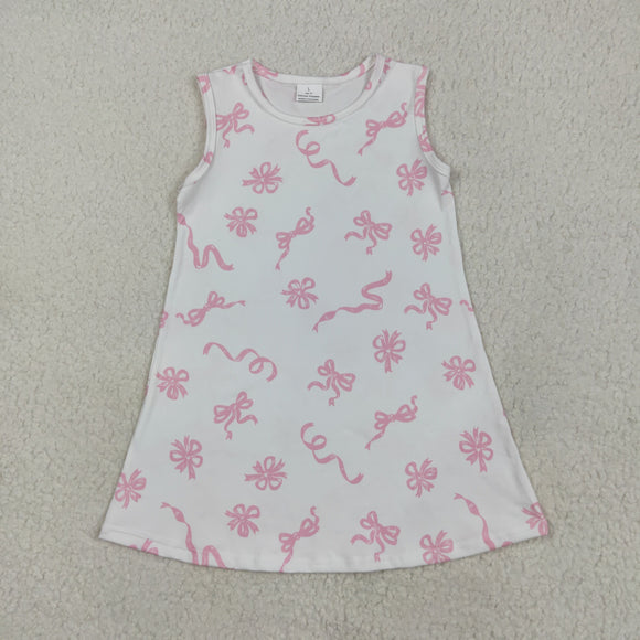 Pink Bow Pattern White Girls Sleeveless Dress