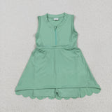 Solid Light Green Athletic Shorts Zipper Girls Sleeveless Dress