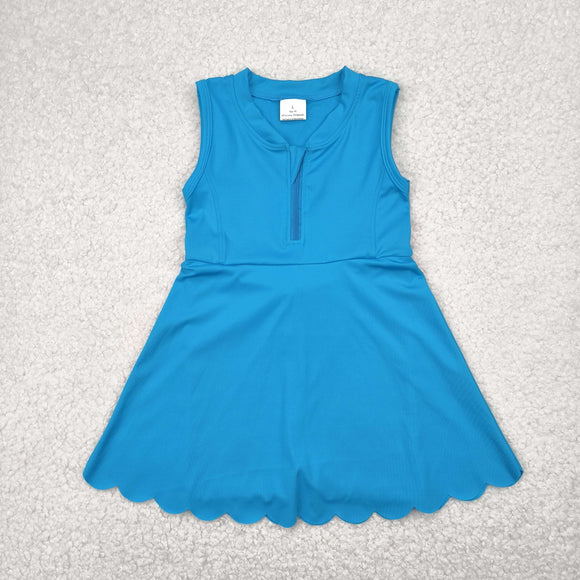 Solid Blue Athletic Shorts Zipper Girls Sleeveless Dress