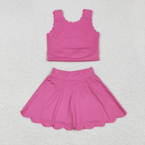 Solid Hot Pink Scalloped Athletic Shorts Girls Skirt Sets