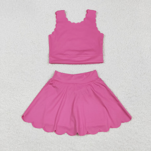 Solid Hot Pink Scalloped Athletic Shorts Girls Skirt Sets