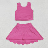 Solid Hot Pink Scalloped Athletic Shorts Girls Skirt Sets