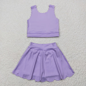 Solid Purple Scalloped Athletic Shorts Girls Skirt Sets