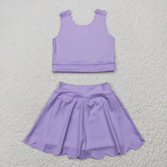 Solid Purple Scalloped Athletic Shorts Girls Skirt Sets