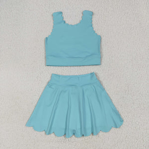 Solid Blue Scalloped Athletic Shorts Girls Skirt Sets