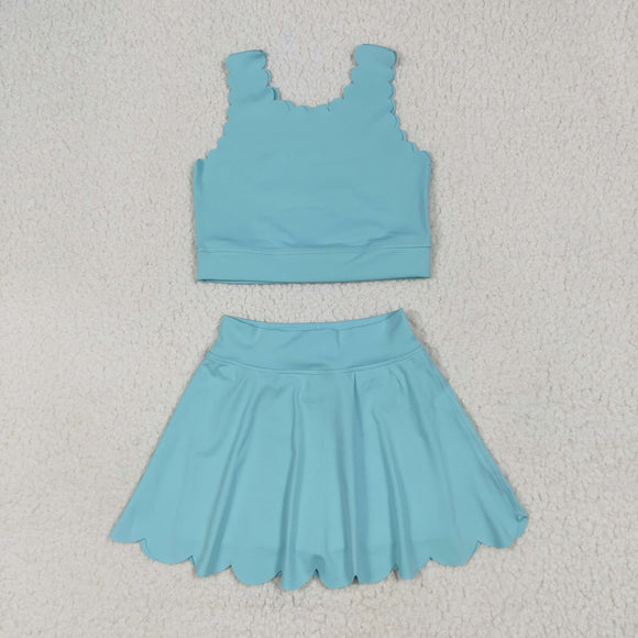 Solid Blue Scalloped Athletic Shorts Girls Skirt Sets