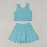 Solid Blue Scalloped Athletic Shorts Girls Skirt Sets