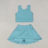 Solid Blue Scalloped Athletic Shorts Girls Skirt Sets