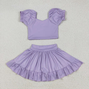 Solid Purple Puff Sleeve Athletic Shorts Girls Skirt Sets