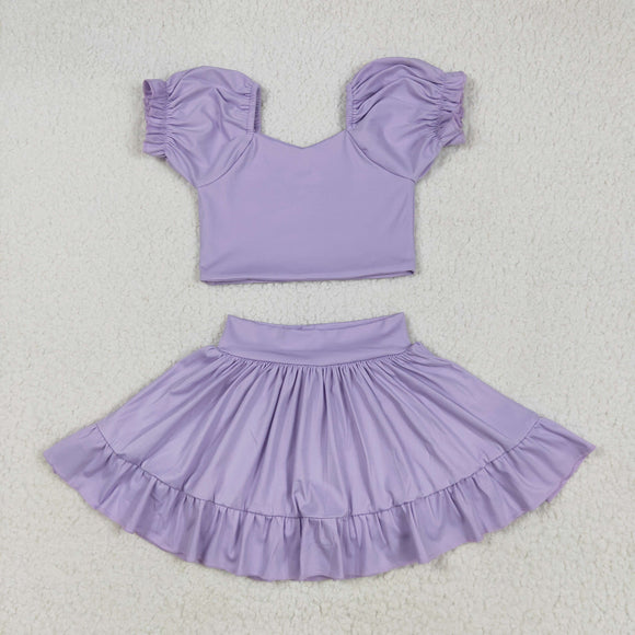 Solid Purple Puff Sleeve Athletic Shorts Girls Skirt Sets