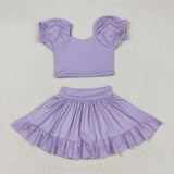 Solid Purple Puff Sleeve Athletic Shorts Girls Skirt Sets