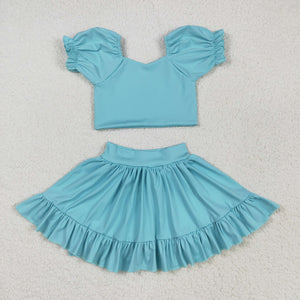 Solid Blue Puff Sleeve Athletic Shorts Girls Skirt Sets