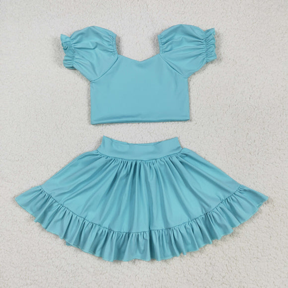 Solid Blue Puff Sleeve Athletic Shorts Girls Skirt Sets