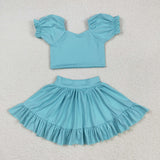 Solid Blue Puff Sleeve Athletic Shorts Girls Skirt Sets