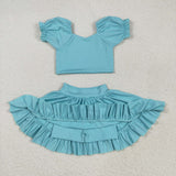 Solid Blue Puff Sleeve Athletic Shorts Girls Skirt Sets