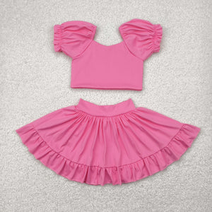 Solid Pink Puff Sleeve Athletic Shorts Girls Skirt Sets