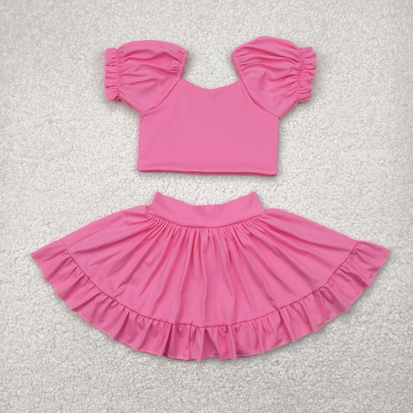 Solid Pink Puff Sleeve Athletic Shorts Girls Skirt Sets