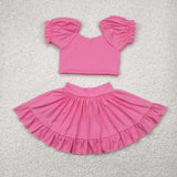Solid Pink Puff Sleeve Athletic Shorts Girls Skirt Sets