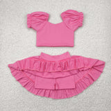 Solid Pink Puff Sleeve Athletic Shorts Girls Skirt Sets