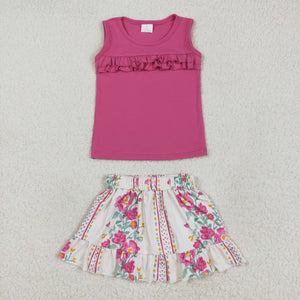 Solid Hot Pink Ruffles Floral Girls Skirt Sets (without shorts)