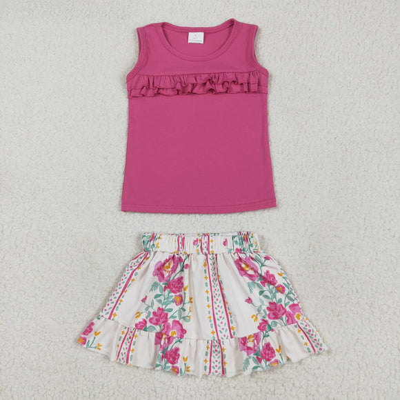 Solid Hot Pink Ruffles Floral Girls Skirt Sets (without shorts)