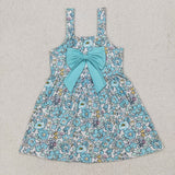 Floral Bluish Bow White Girls Sleeveless Dress