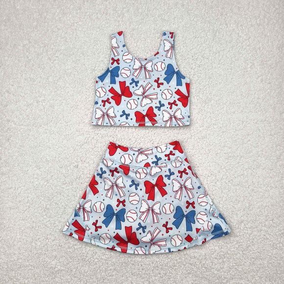 Bow Pattern Baseball Vest Athletic Shorts Girls 4th of July Dress
