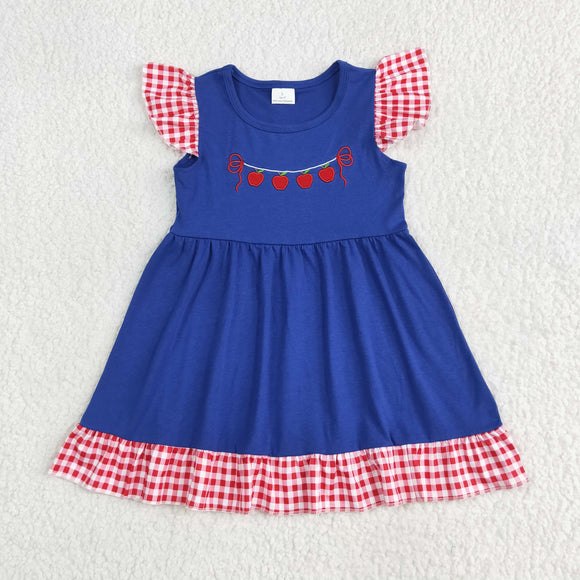 Apples Bow Red Plaid Blue Girls Back to School Dress