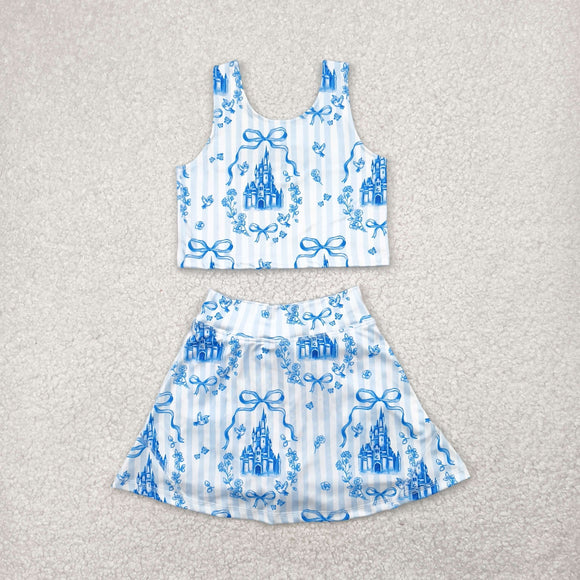Castle Bow Pattern Blue Stripe Athletic Shorts Girls Skirt Sets