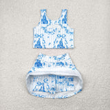 Castle Bow Pattern Blue Stripe Athletic Shorts Girls Skirt Sets